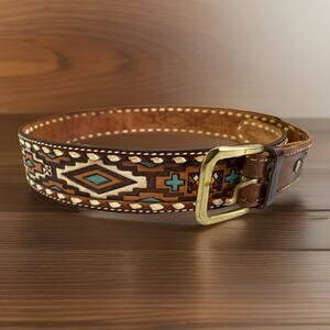 Vintage Tony Lama Tooled Leather Thunderbird Belt 34 Southwestern Western "AL"
